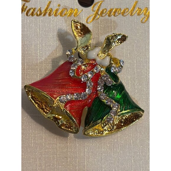Christmas Bell Brooch Pin Rhinestones Red & Green Holiday Jewelry Gold Tone - Picture 2 of 4